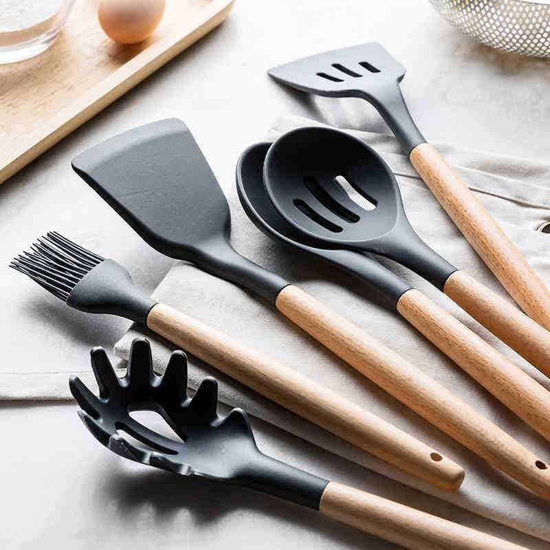 12Pcs/Set Wooden Handle Silicone Kitchen