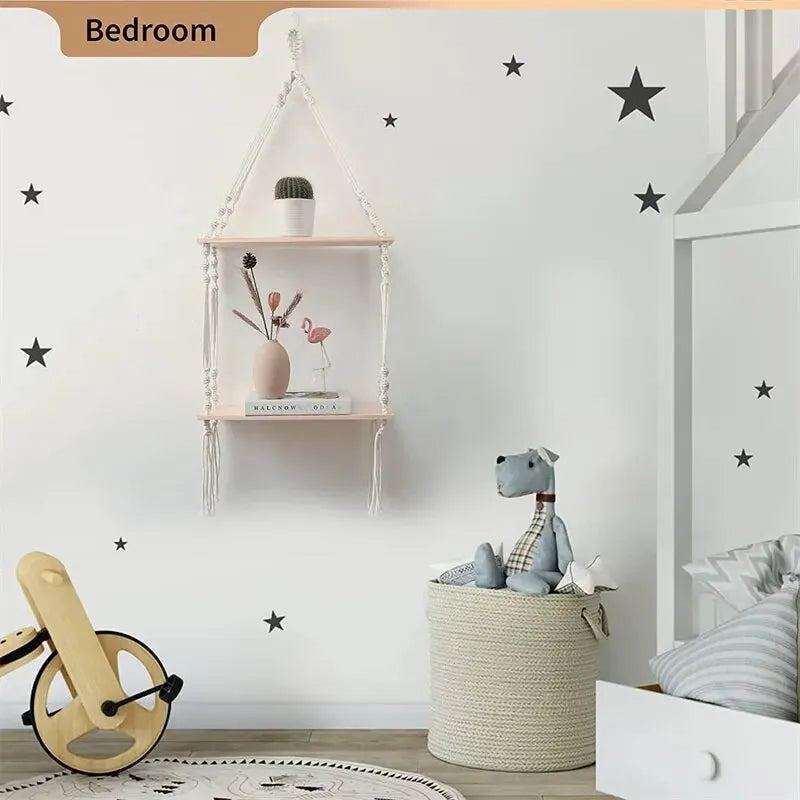 Woven Storage Rack Manual Bohemian Cotton Rope Triangular Wooden Board Home Homestay Decoration Flower Pot Pendant Storage Rack