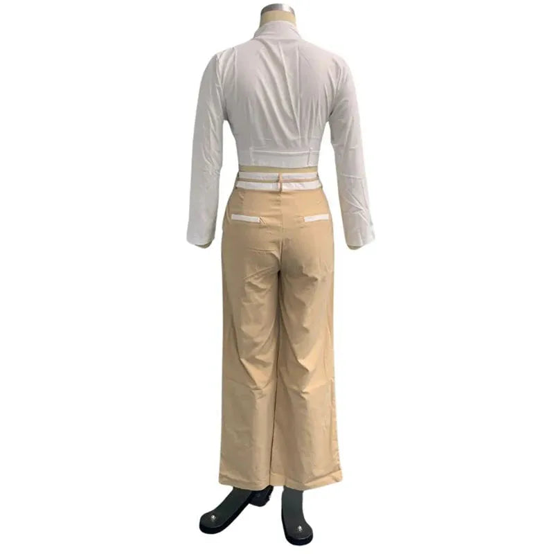 Women Two Piece Set Fashion Solid Long Sleeve Lapel V Neck High Single Button Short Top Loose With Pockets Pants Sets