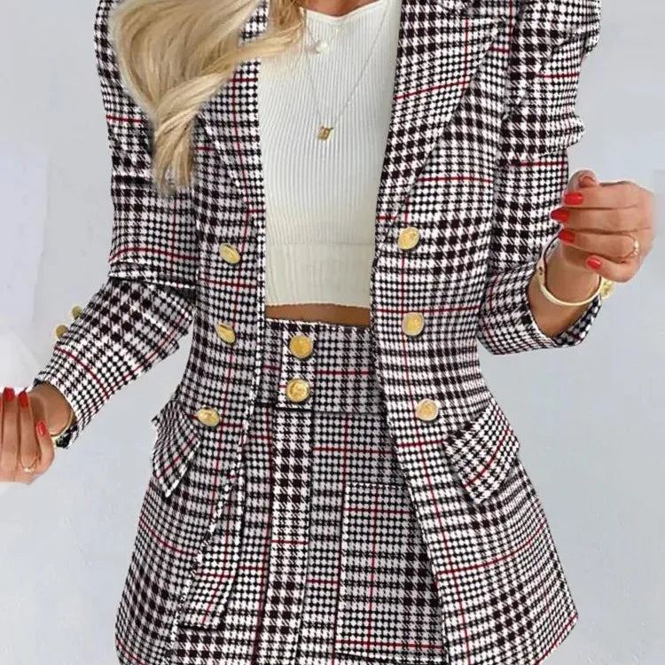 Women's Plaid Print Jacket With Mini Skirt Two Piece Sets