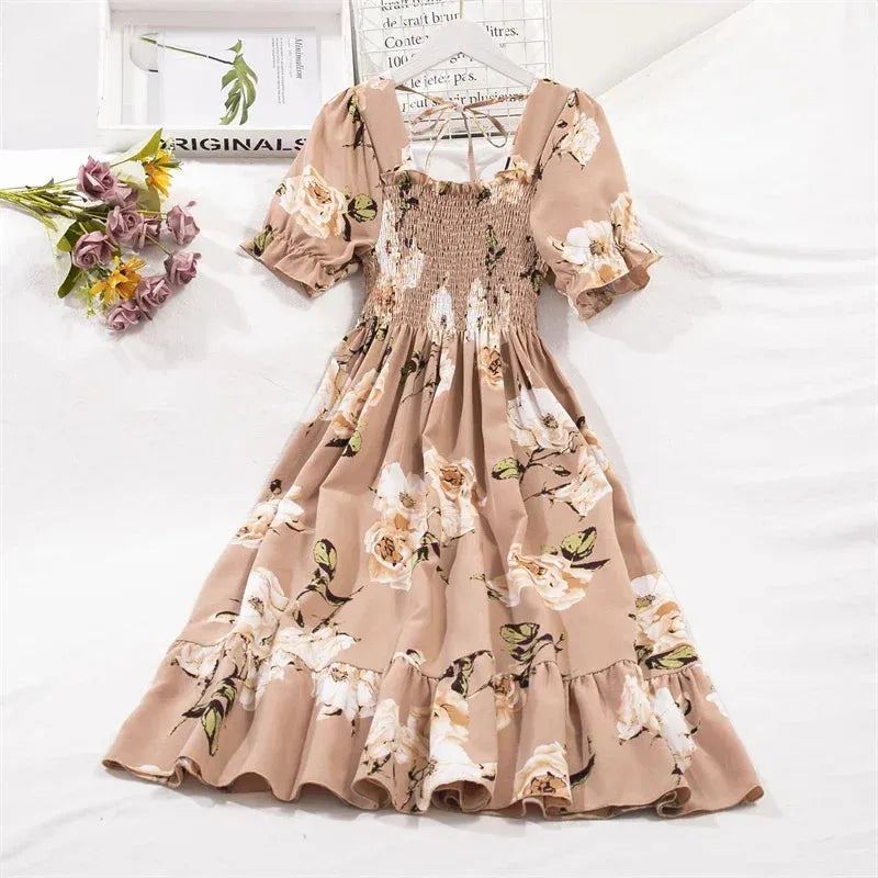 Spring Summer Chiffon Dresses Fashion Female Elastic Waist Short Sleeve  Pleated Casual Dress Women A-line