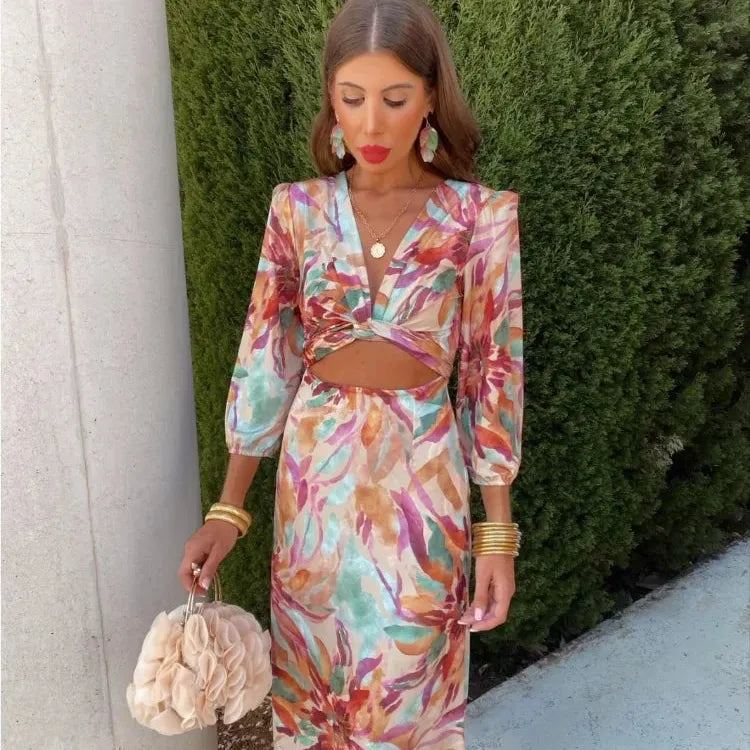 Women Chic Floral Printed Long Dresses Elegant Long Sleeve Hollow Out Robes 2024 Summer Vacation High Street Party Vestidos