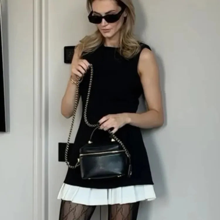 Elegant Splicing Pleated Mini Dress Women Fashion O-neck Sleeveless Solid Slim Dresses 2024 Summer Ladies Chic High Streetwears