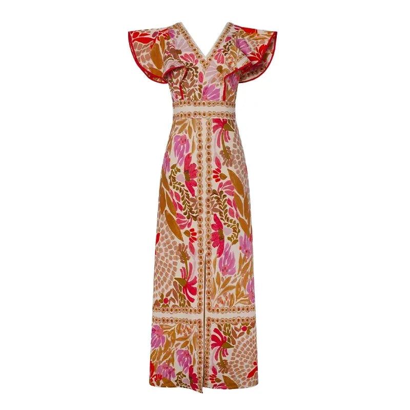 Vintage Boho Backless Flying Sleeves Print Dress Women Elegant V Neck Split Dresses 2024 Summer Chic Female Street Vestidos