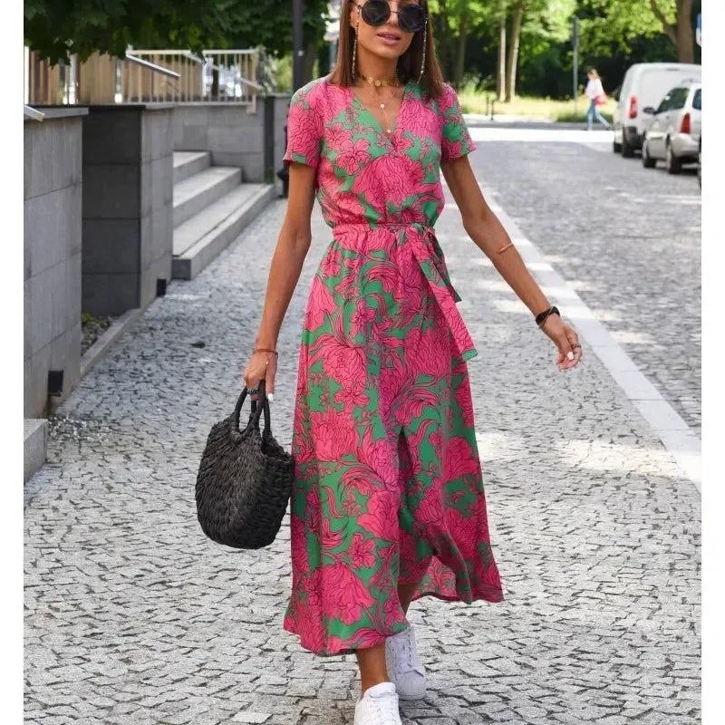 Summer Fashion New Floral Printed Mid-Length V-Neck Dress Split Vacation Style Dresses