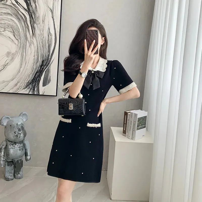 Spring New Vintage Beading Women's Knitted Mini Dress Elegant Bow Peter Pan Collar Short Sleeve Sweet A-Line Party Dresses K151