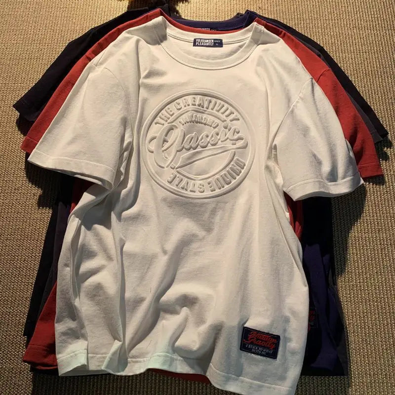 Vintage Men's Summer New Short Sleeve O-neck Printing Letter Tops Tees Solid Youth All-match T Shirts Trend Casual Men Clothing