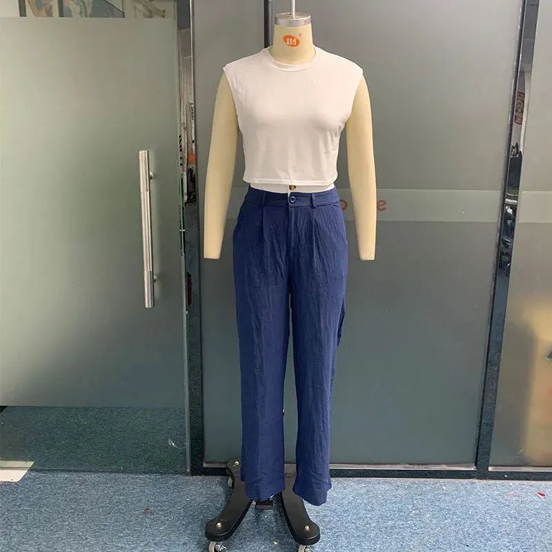 Women Two Piece Set Summer Casual Simple Solid Round Neck Sleeveless Tank Loose With Pocket Pants Sets High Streetwear