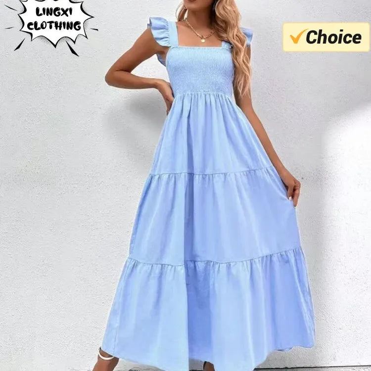 2024 Summer New Solid Color Long Dress with Hanging Straps Elegant and Pleated Dress Commuter Style Fashion Women's Puff Skirt