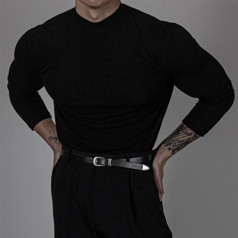 Fashionable Ribbed Solid Color Bottoming Tee Men Autumn Casual Mock Neck Long Sleeve Slim T-shirt For Mens Stylish Basic T Shirt