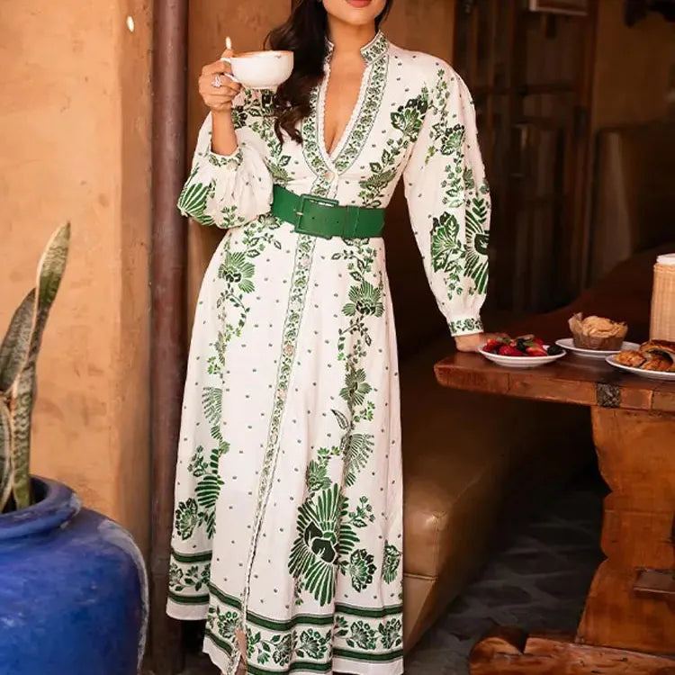 Chic Green Print Single Breast Maxi Dress Women Elegant Lapel Long Lantern Sleeves Long Robes 2024 New Beach Vocation Vestido