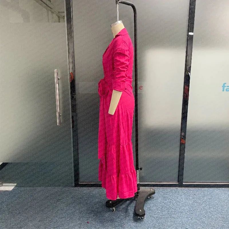 Women Maxi Dress Long Sleeve Lapel V Neck