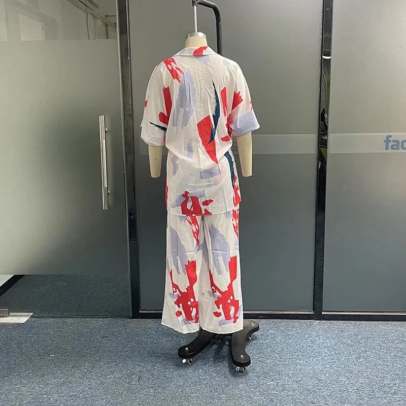 Women Two Piece Set Casual Abstract Print V Neck Laple Lantern Sleeve Long Top Loose Wide Legs Pants Sets Streetwear