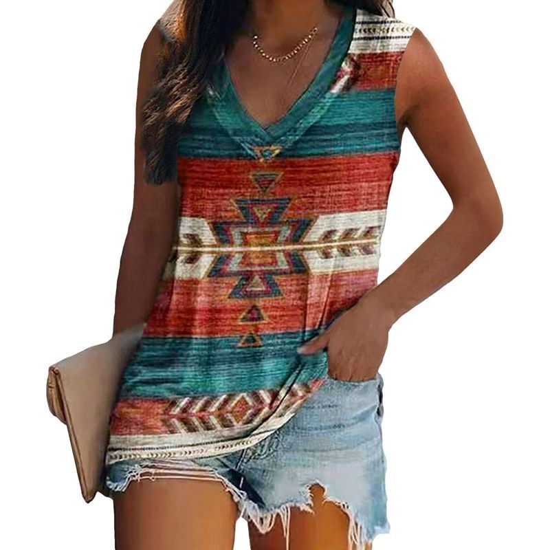 Women Ethnic Style Sleeveless T-shirt Vest Multi-pattern Print V-neck Casual Loose Shirts T-shirts with prints - Jointcorp