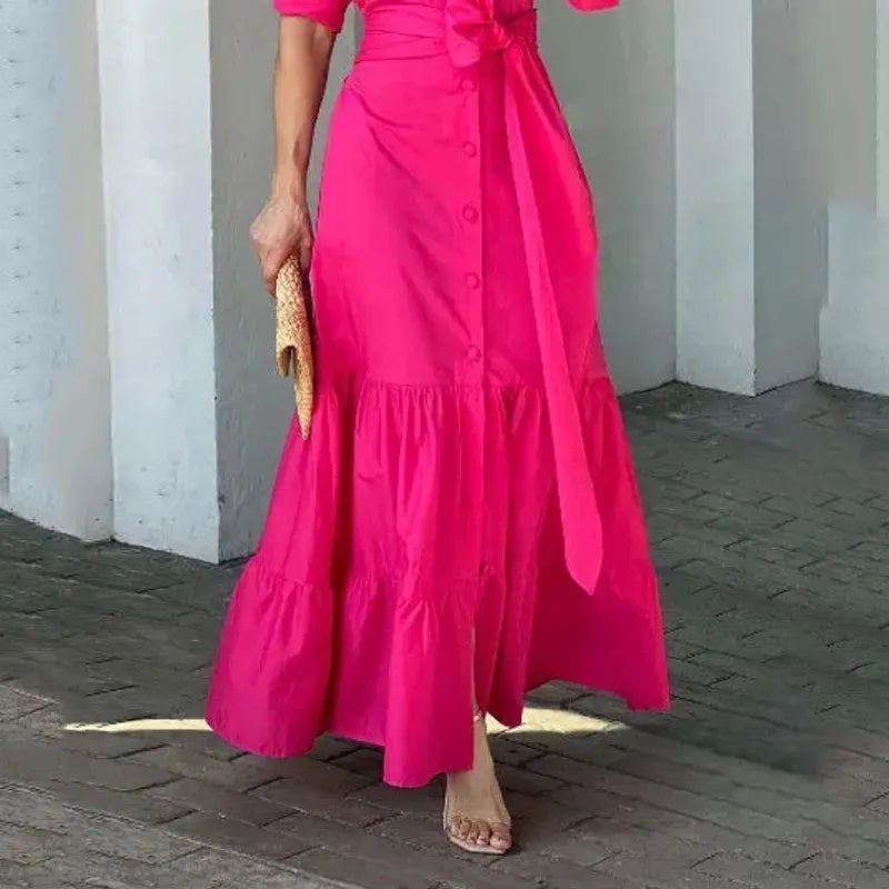 Women Maxi Dress Long Sleeve Lapel V Neck