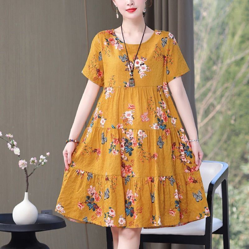 Women's dress, 2023, O-neck, printed, loose fit cotton, plus size - Jointcorp