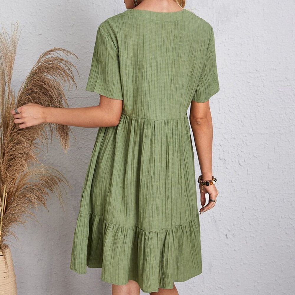 Summer Womens Short Sleeve Mini Dress Ladies Pleated Ruffle Solid Dresses Casual V Neck Vintage Loose Vestidos - Jointcorp