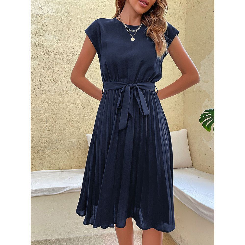 Dress for Women Summer Casual Beach Sundress Short Sleeve Pleated Midi Dress Soild Vintage dresses - Jointcorp