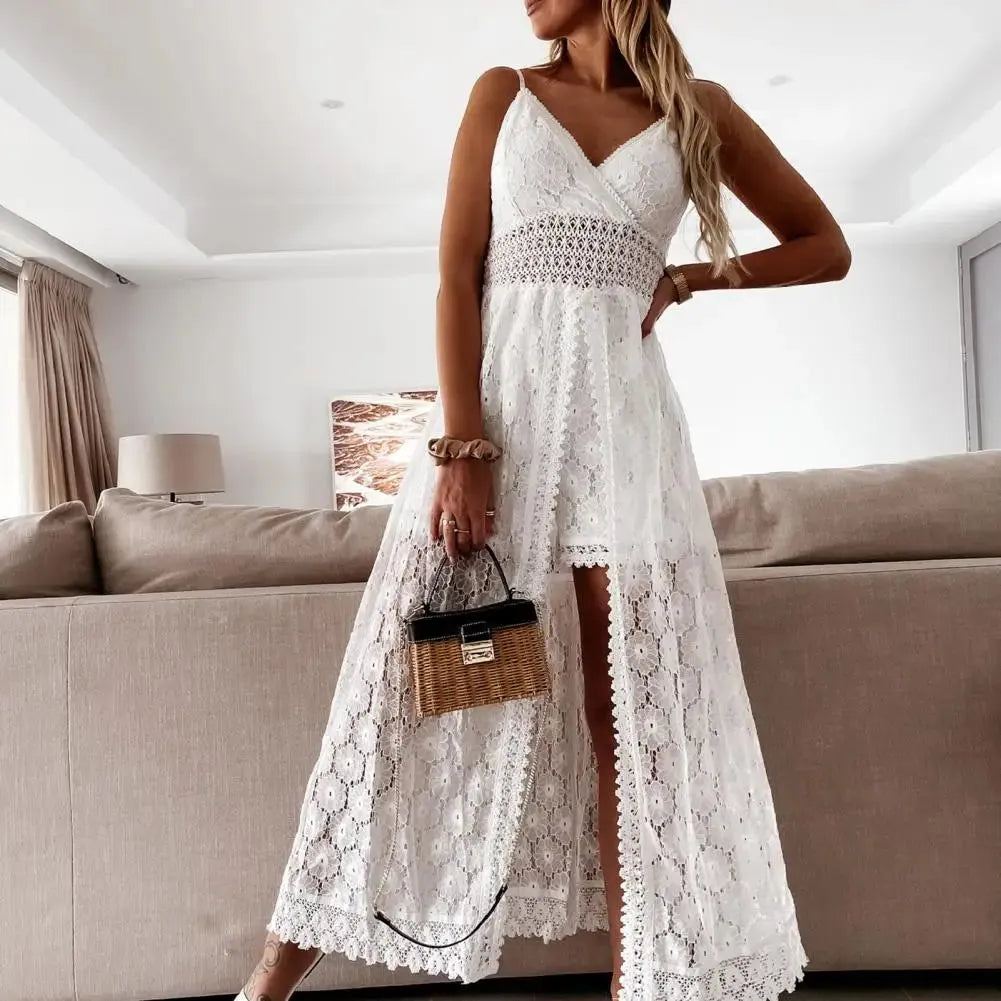 Summer Popular Long Dress White Women Jumpsuit Sexy Shorts Playsuit Lace Hollow-Out Sleeveless for Vacation High Waist Rompers