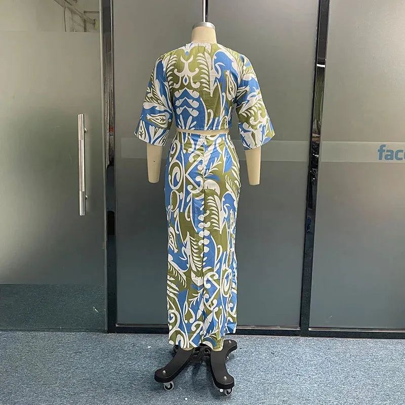 Women Two Piece Set Casual Half Sleeve V Neck Printed Cross High Waist Top Irregular Pleated Slit Slim Long Skirt Sets