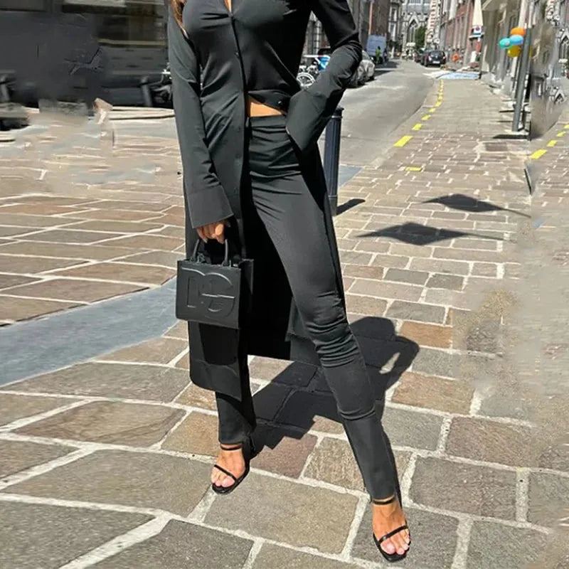 Women Two Piece Set Autumn Casual Simple Solid Lapel Single Breasted Button Long Sleeve Long Shirt Top Slim Pants Sets