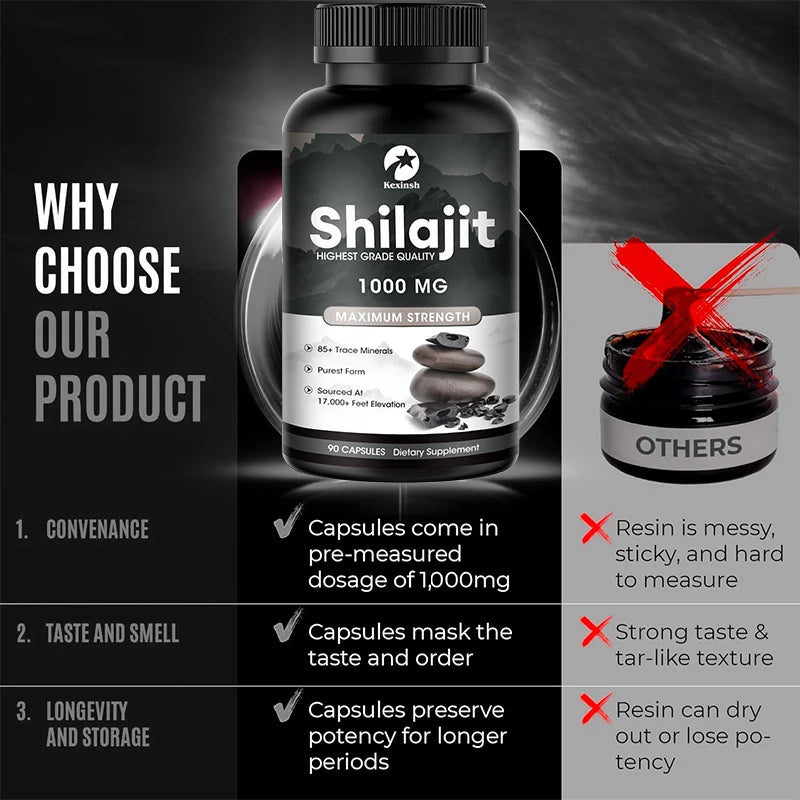Kexinsh Shilajit Capsules 100% Pure Original 1000mg Maximum Strength Improve Immune System Men Energy Long Time Sex