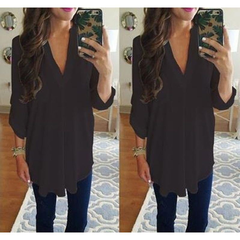Loose Maternity V-Neck Blouse Long Sleeve Shirt Pullover Tops Chiffon Female Women Solid T-Shirt Streetwear Clothing Plus Size