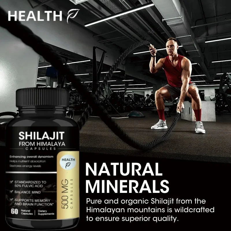 Organic Shilajit Capsules with Ginseng & 50% Fulvic Acid & Trace Minerals Supplement Support Brain and Focus, Energy