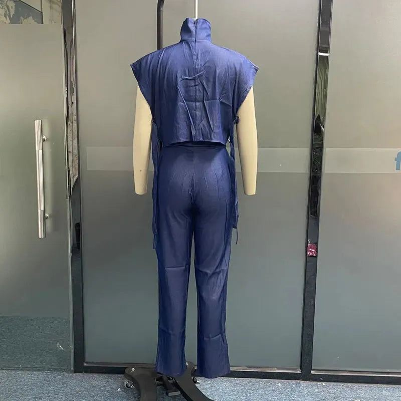 Women Two Piece Set Summer Fashion Office Solid High Neck Short Sleeve Top Straight With Pockets Buckle Pants Sets