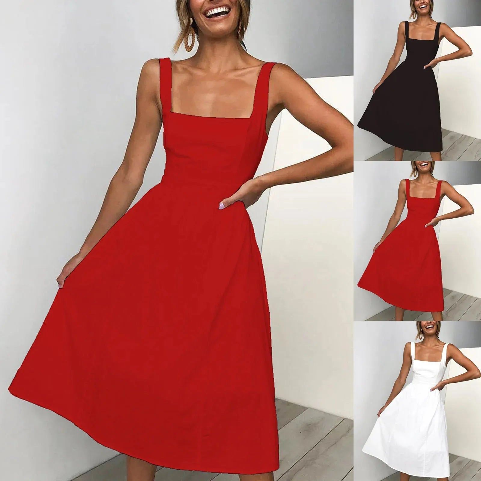 Women's Dress Vintage Sleeveless Solid Floral Ruched Summer Cute A-Line Flowy Swing Midi Dress