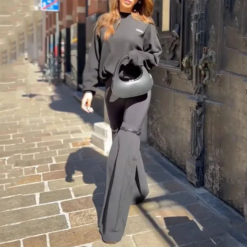 Women Two Piece Set Autumn Fashion Casual Long Sleeve Round Neck T Shirt Top Loose Flare Pants Sets High Streetwear