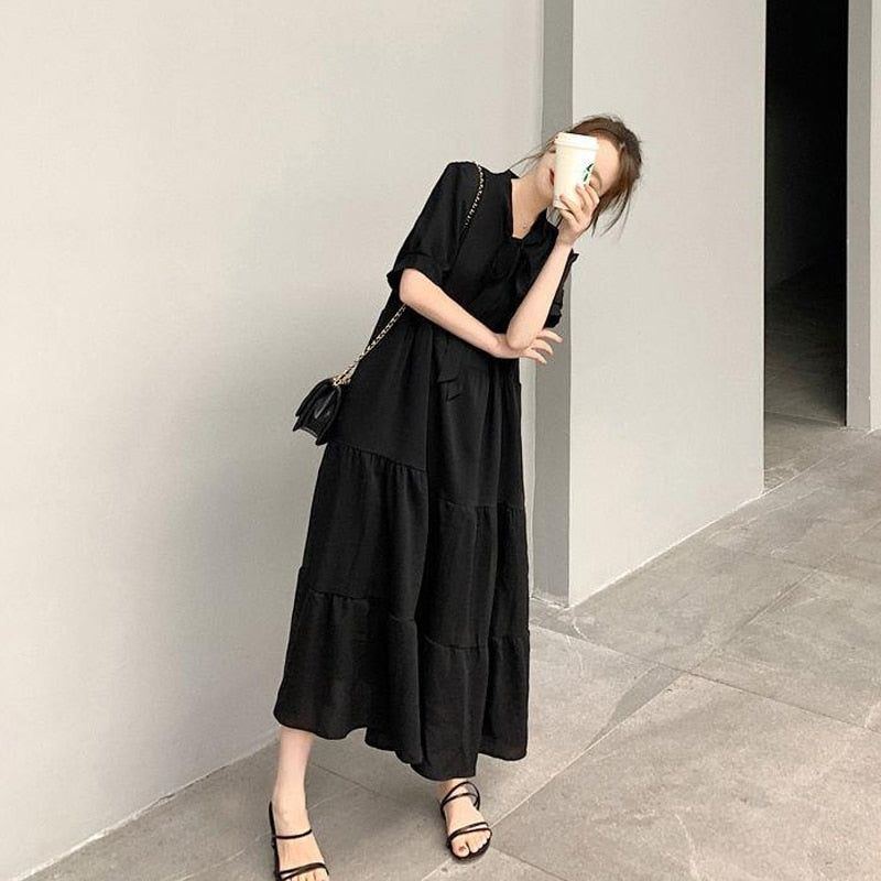 Summer New Solid Pleated Lacing Long Dress Bow Short Sleeve Loose Plus Size Casual Dresses Simplicity Fashion Women Clothing - Jointcorp