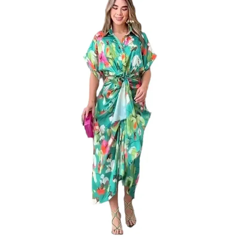 Women Dresses Short Sleeve Turn Down Collar Single Breasted Button Blouses Dress Vestidos Patchwork High Street Print Belt