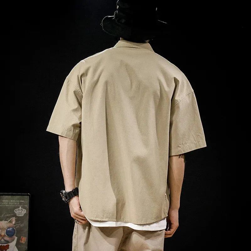 2023 Vintage Short Sleeve Social Shirt Men's Loose Casual Cardigan Cargo Shirt Summer Fashion Preppy Streetwear Plain Blouses