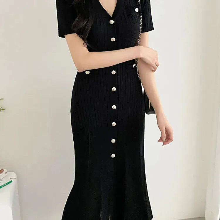 Summer Midi Dress Women Knitted Black Bodycon Korea Style Ruffle Ladies Dresses Elegant Fashion Casual Woman Dress 2023
