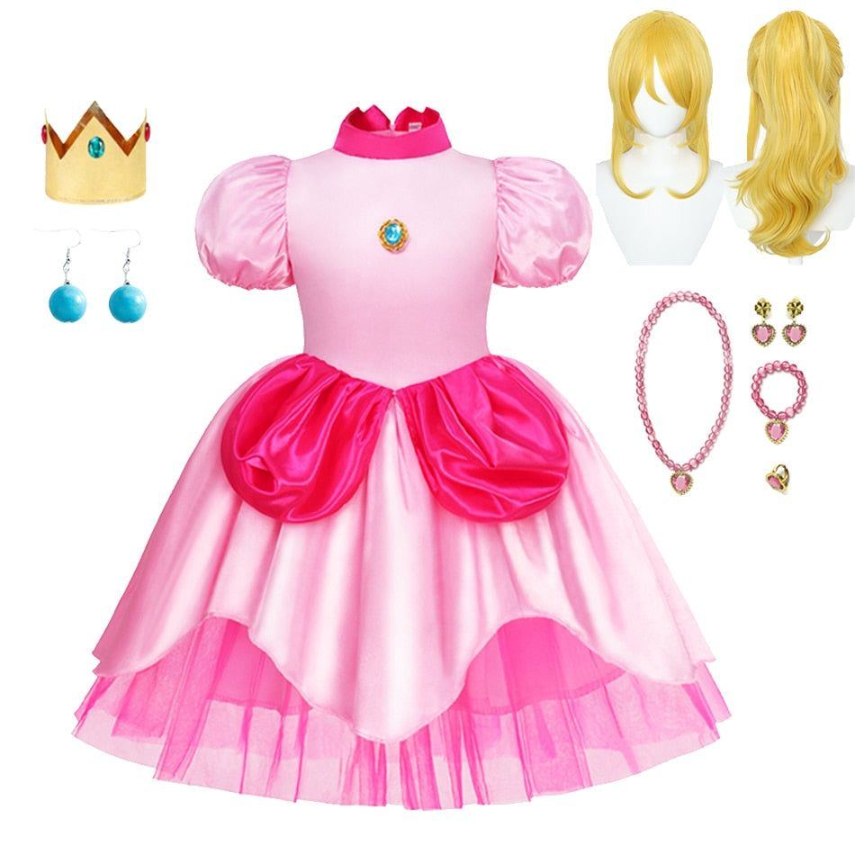 Peach Princess Cosplay Dress Girl Movie Role Playing Costume Birthday Party Stage Performace Outfits Kids Carnival Fancy Clothes