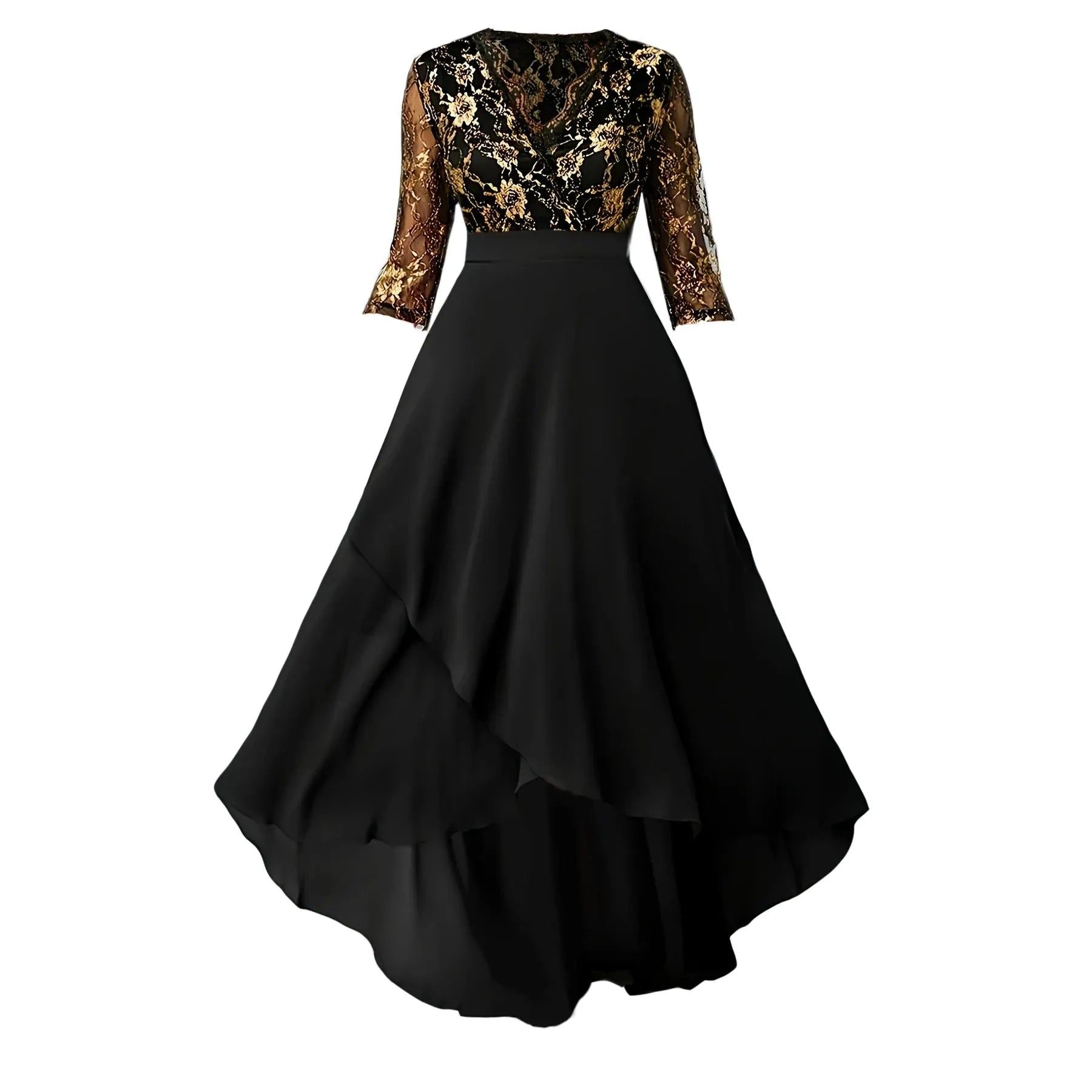 Contrast Guipure Lace Asymmetric Ruffle Hem Dress, Elegant 3/4 Sleeve V-neck Scallop Trim Dress, Women's Clothing