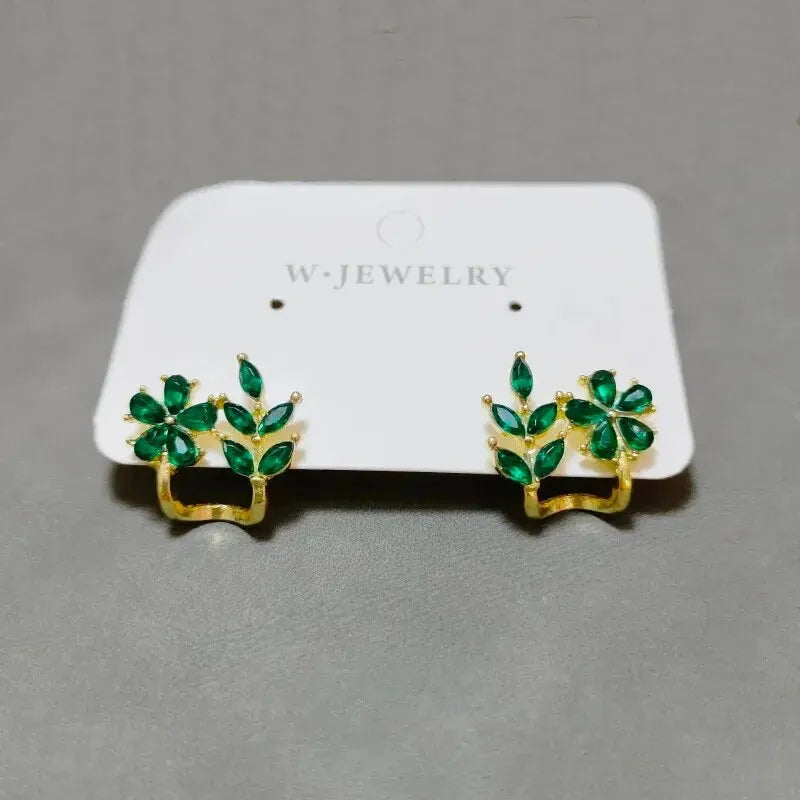 Women Exquisite Leaf Flower Shape Clip On Earrings Unique Black Read Green Crystal Stone Earrings Trendy Fashion Jewerly