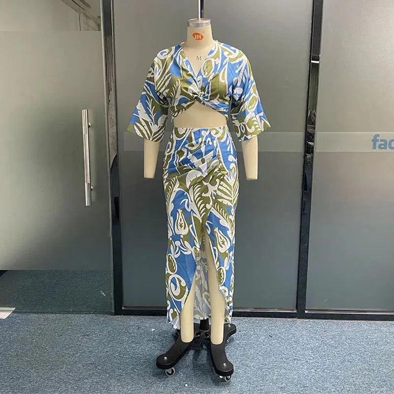 Women Two Piece Set Casual Half Sleeve V Neck Printed Cross High Waist Top Irregular Pleated Slit Slim Long Skirt Sets