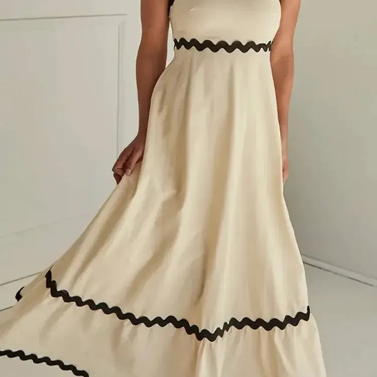 Elegant Spaghetti Strap Midi Dress Fashion Wave Striped Patchwork Maxi Dress For Women Female Backless Party Evening Sling Dress