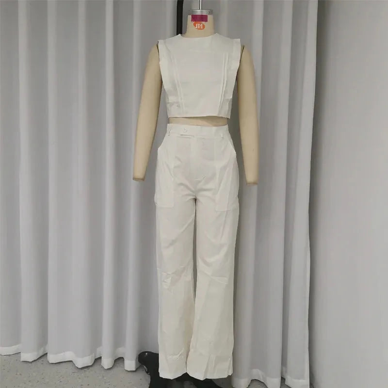 Women Two Piece Set Office Casual Solid Sleeveless Round Neck High Waist Tank Top Loose Wide Legs Pants Set Streetwear