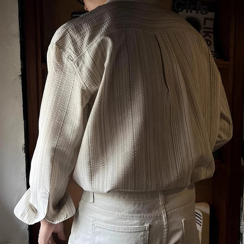 Vintage Striped Textured Mens Shirts Long Sleeve Button-up Turn-down Collar Casual Shirt 2025 Spring Autumn Trendy Slim Cardigan