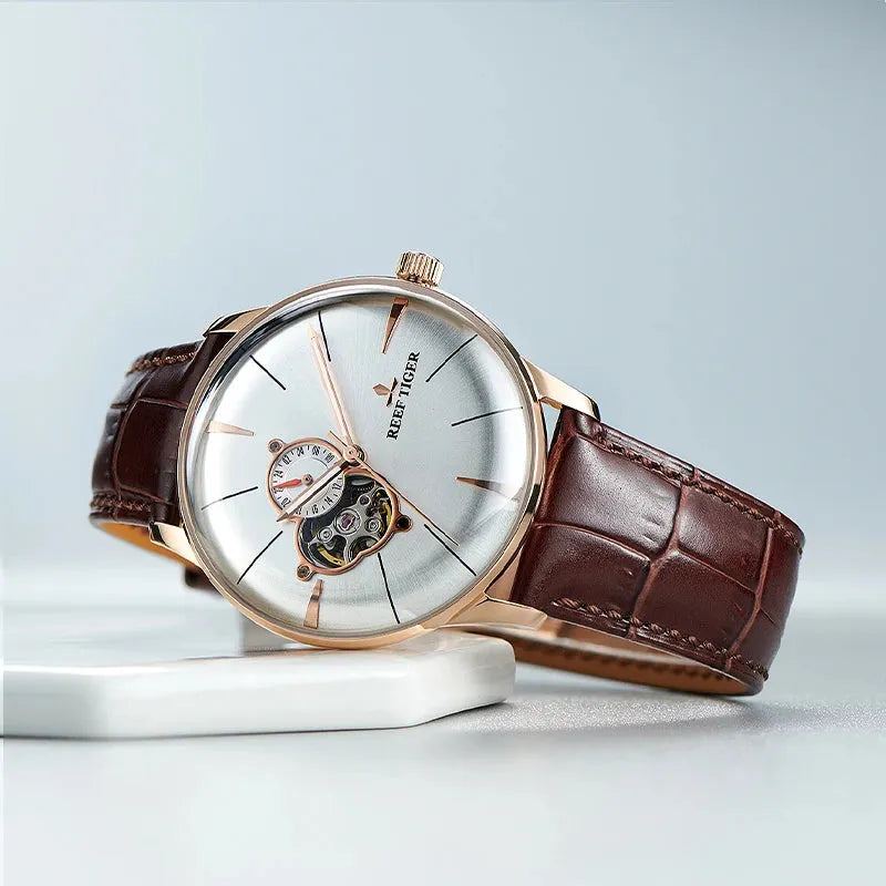 Reef Tiger/RT Luxury Rose Gold Watch Men's Automatic Mechanical Watches Tourbillon Watches with Brown Leather Strap RGA8239