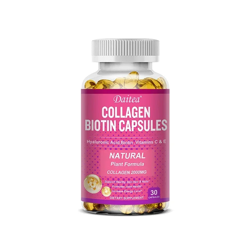 Collagen Biotin Supplement - Hyaluronic Acid Biotin Vitamin C E - Hair Skin Nails Joint Support and Energy Boost Vegan Capsules