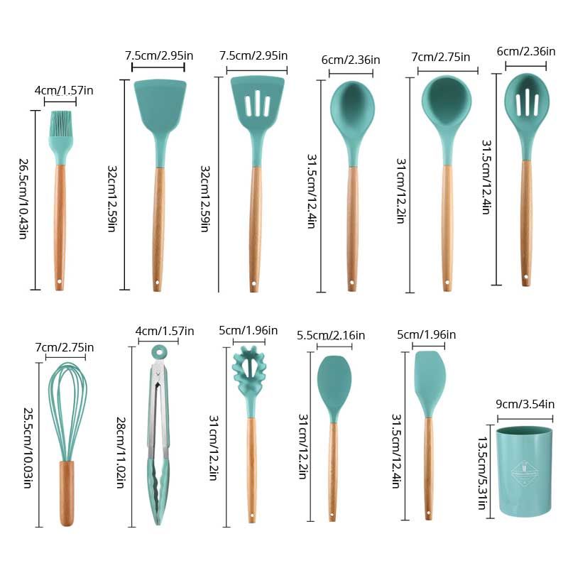 12Pcs/Set Wooden Handle Silicone Kitchen