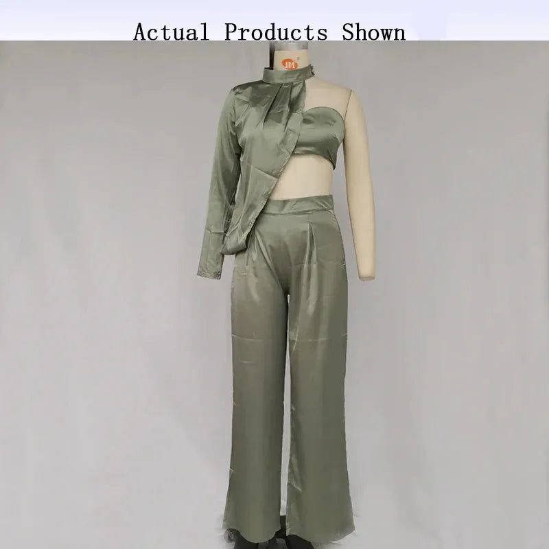 Women Two Piece Stylish Trend Solid One Shoulder Round Neck Irregular Pleated Top Loose Wide Legs Pants Set Streetwear