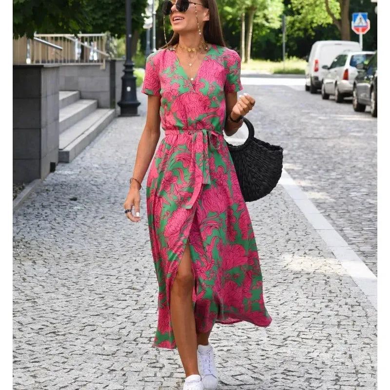 Summer Fashion New Floral Printed Mid-Length V-Neck Dress Split Vacation Style Dresses