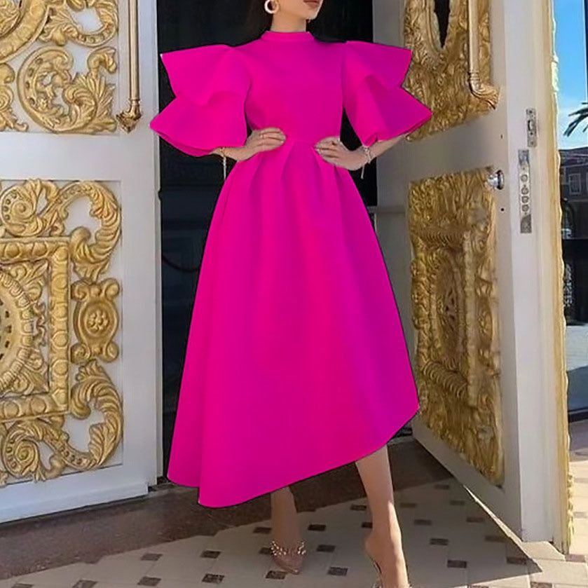 Women Elegant Solid Party Dresses Double Layer Butterfly Sleeve Midi Dress Vintage dresses - Jointcorp