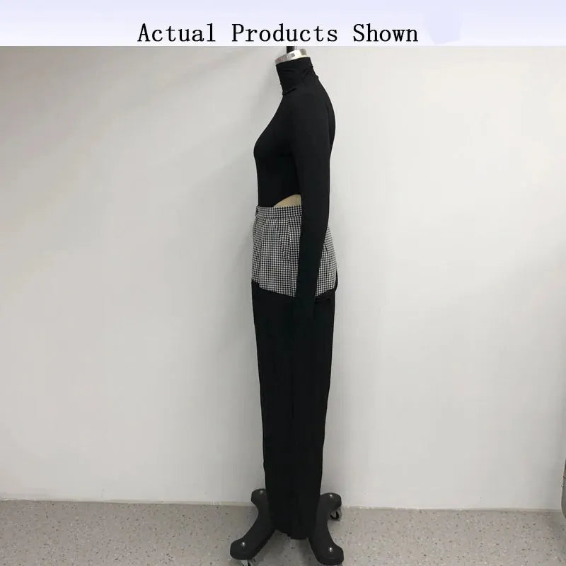 Women Two Piece Set Autumn Fashion Solid Turtleneck Long Sleeve Slim Top Loose Splicing Loose Pants Sets Streetwear