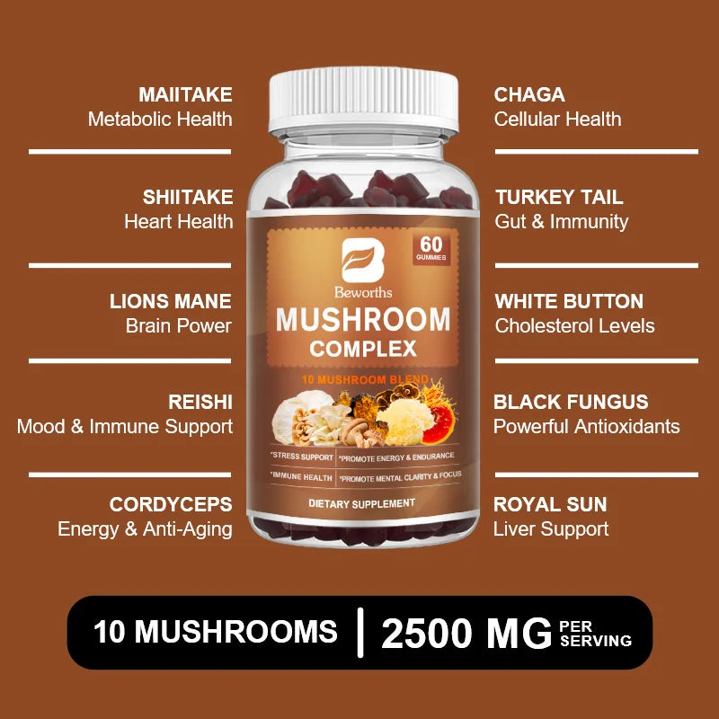 Beworths Lion's Mane Mushroom Complex Gummies Brain Memory Booster Focus & Mood Health Relieve Stress Relax Your Body